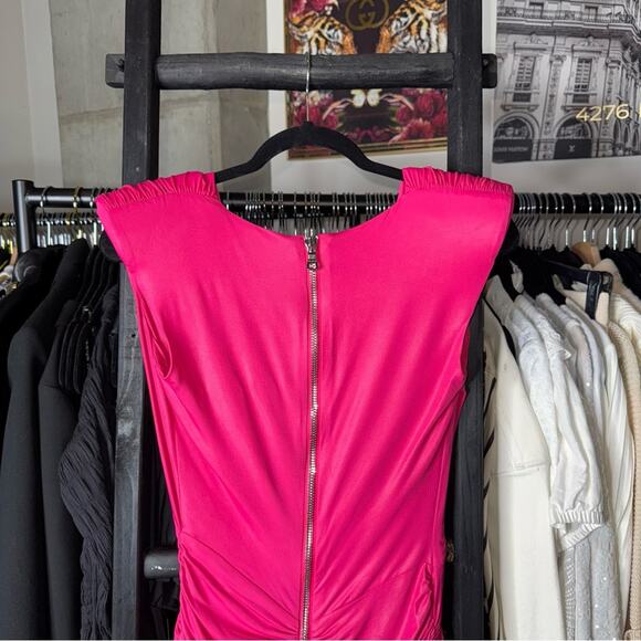 Balmain Fuchsia Ruched Mini Dress Metallic Shine V-Neck Pointed Shoulder - Picture 10 of 16